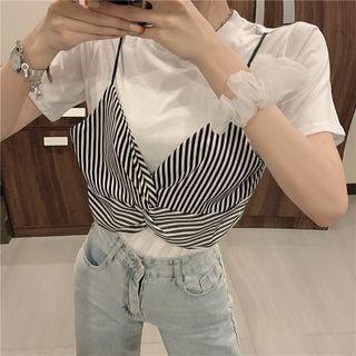 Short-sleeve Mock Two-piece Striped Panel T-shirt