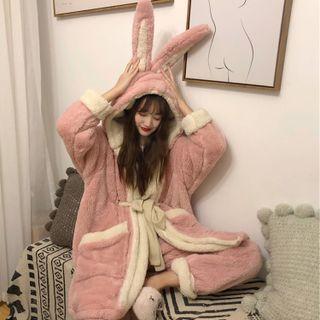 Set: Ears-accent Hooded Fleece Robe + Pants