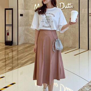Set: Elbow-sleeve Print T-shirt + A-line Faux Leather Midi Skirt