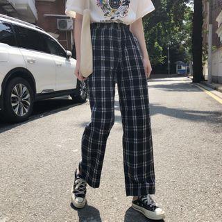 Plaid Wide-leg Pants Navy Blue - One Size