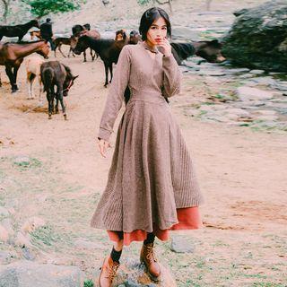 Long-sleeve Plaid Layered Midi A-line Dress