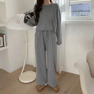 Rib-knit Cropped Top & Wide-leg Pants Set