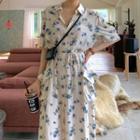 Puff-sleeve Floral Print Midi A-line Dress Blue Floral - White - One Size