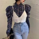 Long-sleeve Floral Print Blouse / Spaghetti Strap Knit Top