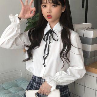 Bell-sleeve Tie-neck Plain Shirt