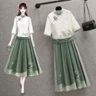 Elbow-sleeve Floral Print Qipao Top / Midi A-line Skirt / Set
