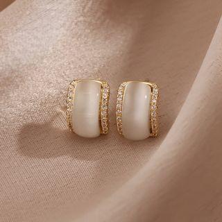 Rhinestone Cat Eye Stone Earring 1 Pair - Gold Trim - Rhinestone - Silver - One Size