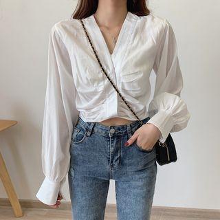 Cropped Ruched V-neck Blouse