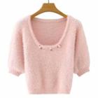 Flower Print Short-sleeve Sweater W57 - Peach Pink - One Size