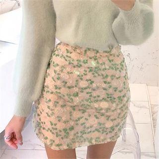 Band-waist Sequined Mini Skirt Pink - One Size