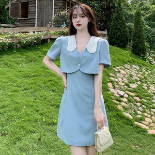 Set: Spaghetti-strap Mini A-line Dress + Short-sleeve Cropped Jacket