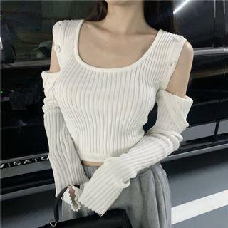 Off-shoulder Drawstring Plain Knit Top