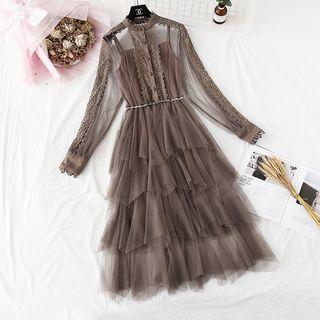 Crochet Applique Layered Mesh Midi Dress
