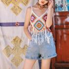 Fringed Crochet Camisole Top Pattern - Blue & Pink - One Size