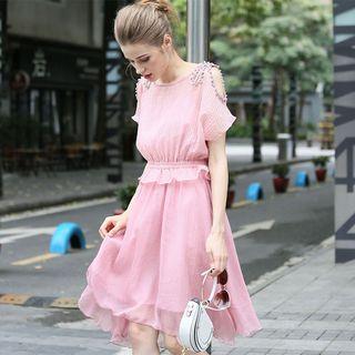 Embellished Cutout Shoulder Peplum Dress
