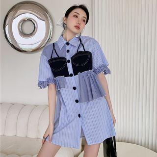 Short-sleeve Irregular Striped Mini Shirt Dress