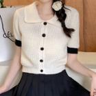 Puff-sleeve Collar Two-tone Knit Top White - One Size