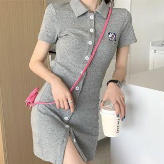 Short-sleeve Polo-neck Button-up Mini Sheath Dress