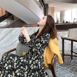 Flower Print Long-sleeve Midi A-line Dress / Camisole