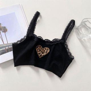 Lace-trim Leopard Print Tank Top Black - One Size