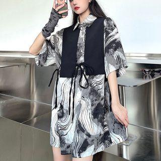 Set: Elbow-sleeve Tie-dyed Shirt + Vest Black & White - One Size