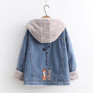 Cat Embroidered Fleece-lined Denim Jacket With Lining - Light Blue - One Size