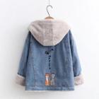 Cat Embroidered Fleece-lined Denim Jacket With Lining - Light Blue - One Size