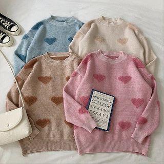 Heart Print Crewneck Long-sleeve Sweater