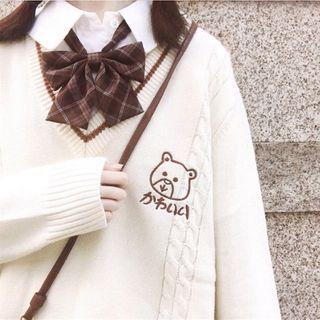 Plain Shirt / Plaid Bow Tie / Bear Embroidered Knit Vest / Sweater / Set