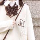 Plain Shirt / Plaid Bow Tie / Bear Embroidered Knit Vest / Sweater / Set