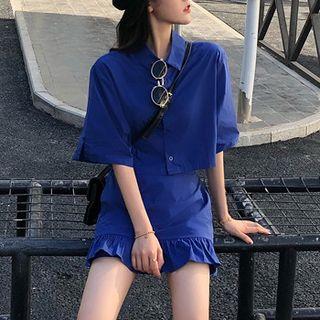 Elbow-sleeve Cropped Shirt / Plain Ruffle-hem Skort