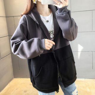 Hooded Long-sleeve Color Block Zip Jacket