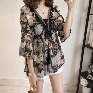 3/4-sleeve V-neck Floral Print Tasseled Chiffon Blouse