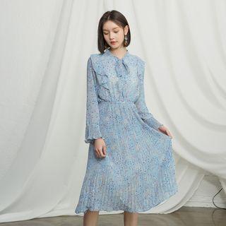 Tie-neck Ruffled Floral Long Pleated Dress