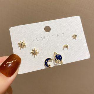 3 Pair Set: Moon / Star Glaze Rhinestone Sterling Silver Earring (various Designs) E4286 - Set Of 3 Pair - Blue & Black & Gold - One Size