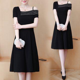 Cold-shoulder Rhinestone A-line Dress