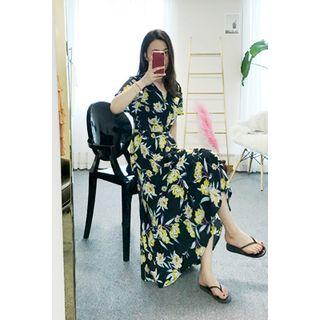 Short-sleeve Floral A-line Long Dress