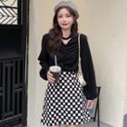 Long-sleeve Ruched Cutout Top / Checkerboard Mini Skirt