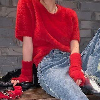 Set : Short-sleeve Knit Top + Plain Sleeve Guards