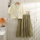 Set: Square-neck Crop Shirt + Mesh Midi Skirt Almond - One Size