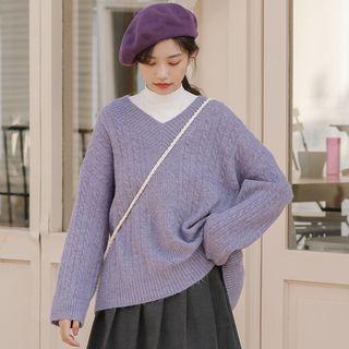Plain Knit V-neck Sweater