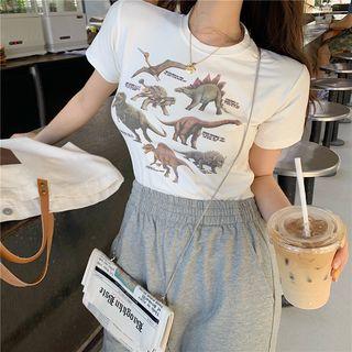 Short-sleeve Cropped Dinosaur Print T-shirt Tshirt - One Size