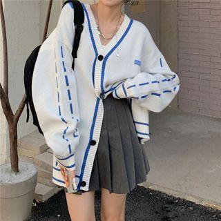 Contrast Trim V-neck Striped Long-sleeve Cardigan Blue & White - One Size