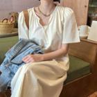 Open-placket Puff-shoulder Long Dress