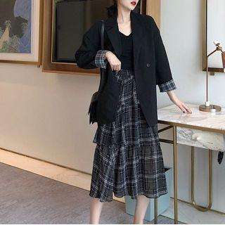 Set: Contrast Trim Blazer + Layered Skirt