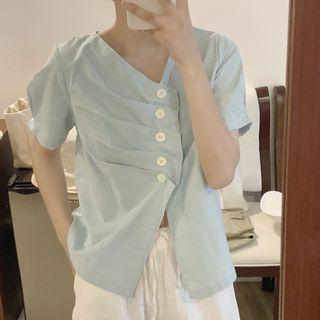 Frilled V-neck Slit Blouse