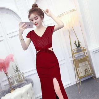 Short-sleeve Maxi Slit Sheath Dress