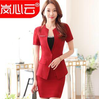 Short-sleeve Single-button Blazer / Pencil Skirt / Set