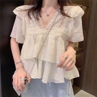 Short-sleeve Lace Panel Layered Chiffon Blouse Almond - One Size
