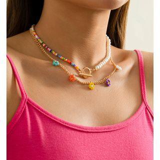 Set: Flower Chain Necklace + Beaded Faux Pearl Necklace 2506 - Gold - One Size